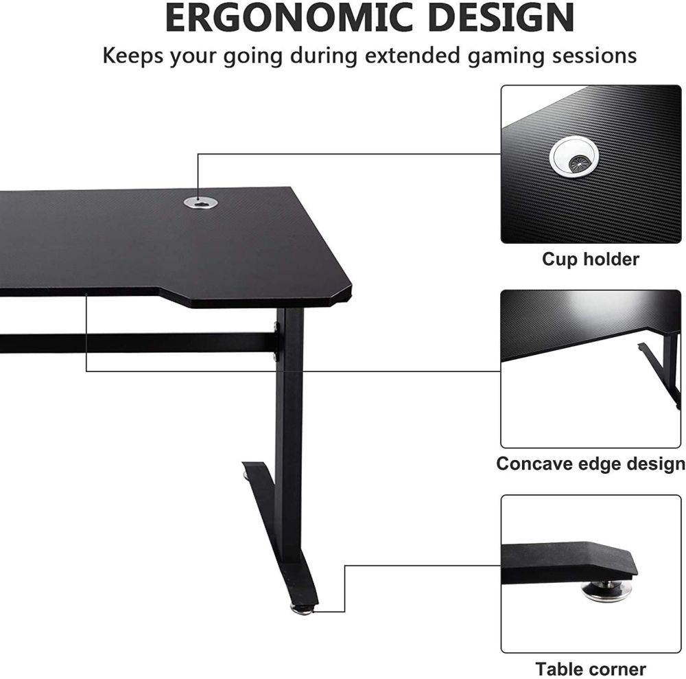 Onewell Gaming Table 47.2" W x 23.6" D Home Office Computer PC Desk Gaming Table Curve Design for Men Boyfriend Female Gift, Black Gamer Workstation, with 2 Cable Management Holes XH