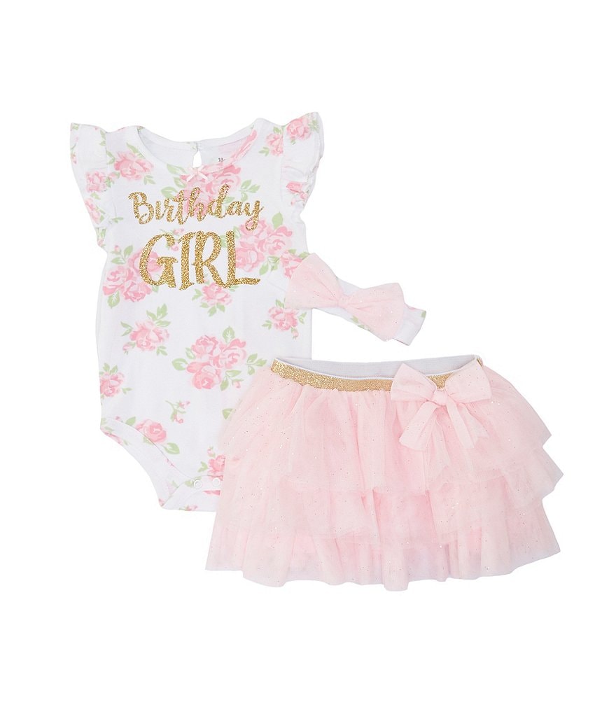 Baby Starters Baby Girls 12-18 Months Floral Birthday Girl Bodysuit, Skirt, & Headband Set
