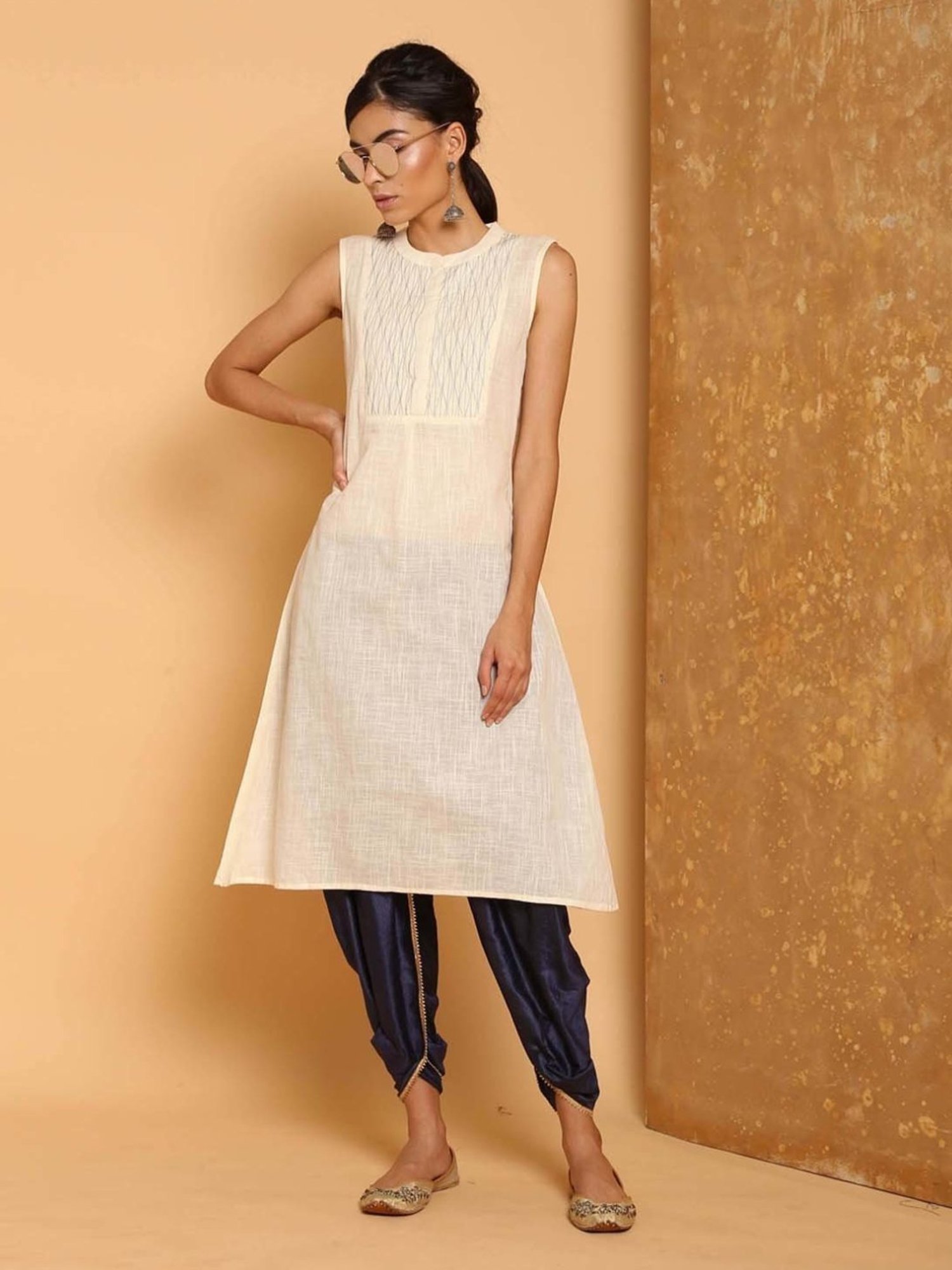 Kaanchie Nanggia Navy Blue Cotton Silk Pleated Dhoti Pants