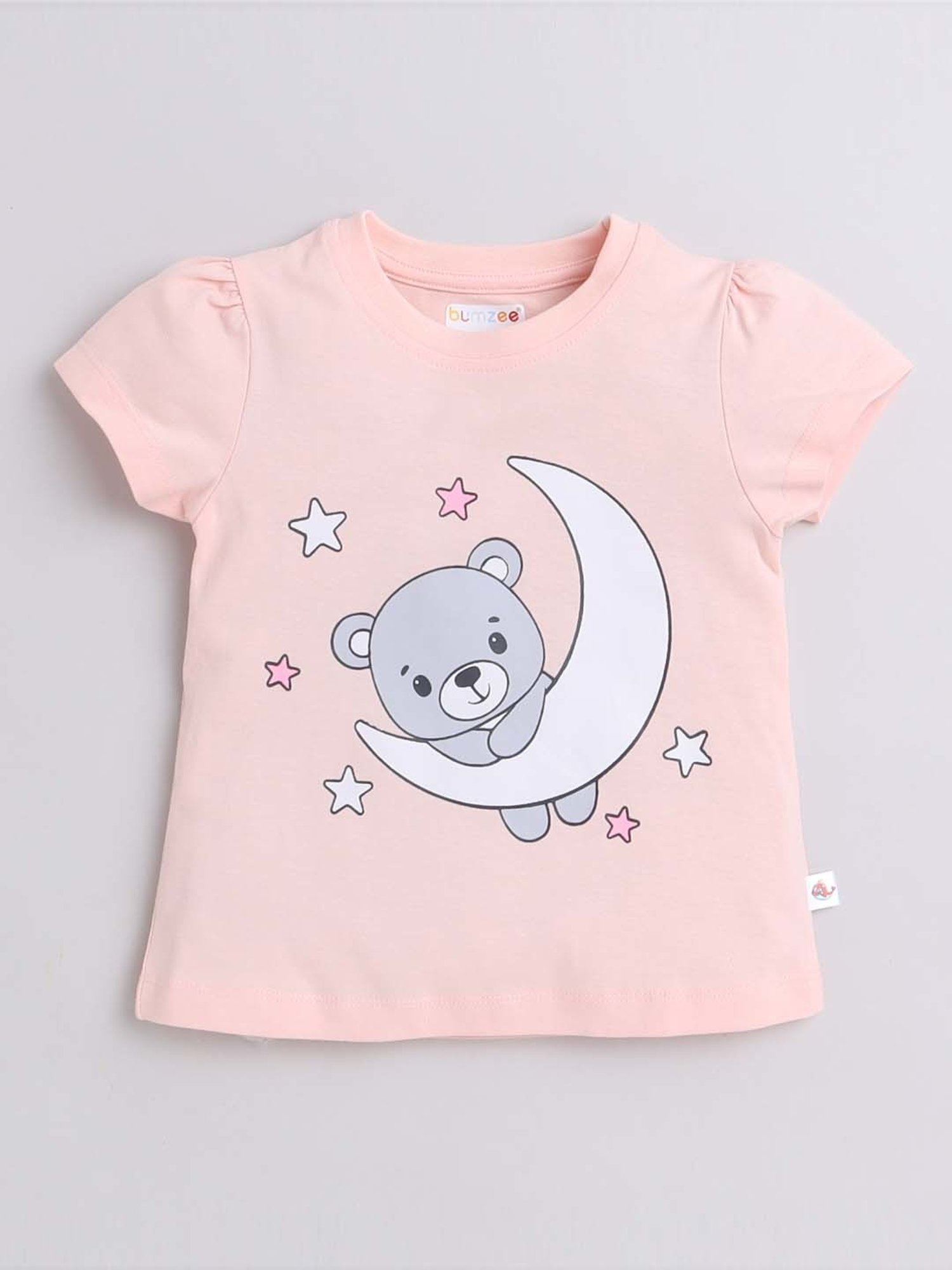 Bumzee Girls Peach & White Cotton Printed T-Shirt Set