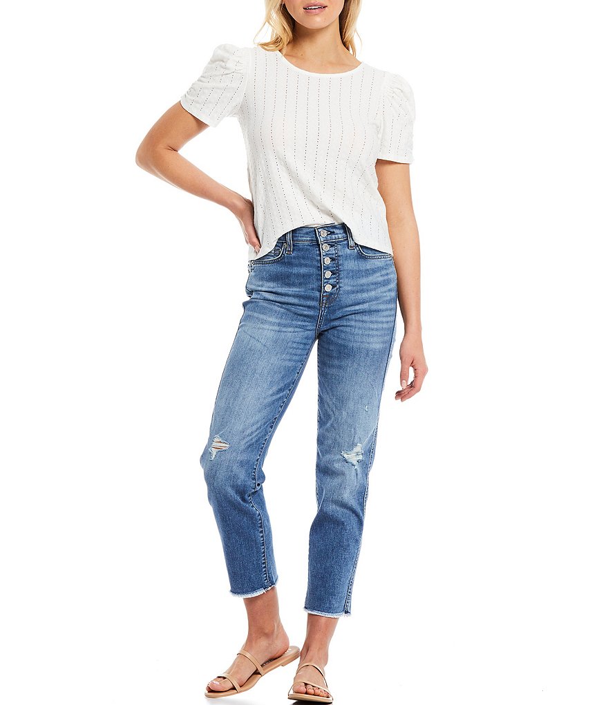 7 for all mankind Exposed Button Fly High Waist Destruction Detail Straight Cropped Jeans