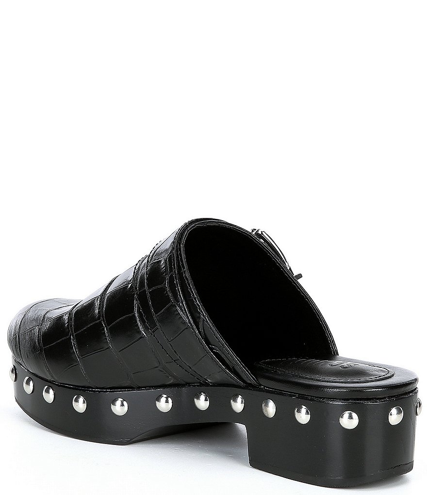 Schutz Smooshy Croco Print Leather Nailhead Buckled Strap Platform Mule Clogs