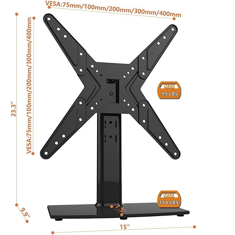 Universal Swivel TV StandBase Table Top TV Stand for 21 to 43 inch TVs with 90 Degree Swivel 4 Level Height Adjustable Heavy Duty Tempered Glass Base Holds up to 99lbs HT02B002