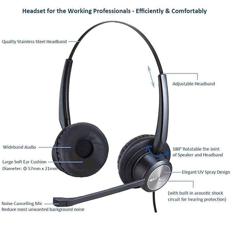 Telephone Headset for Landline Phones with Noise Cancelling Microphone for Cisco SPA Panasonic KXNT366 KXTGF380M KXTG6543 Gigaset Uniden Grandstream DECT Cordless Phones