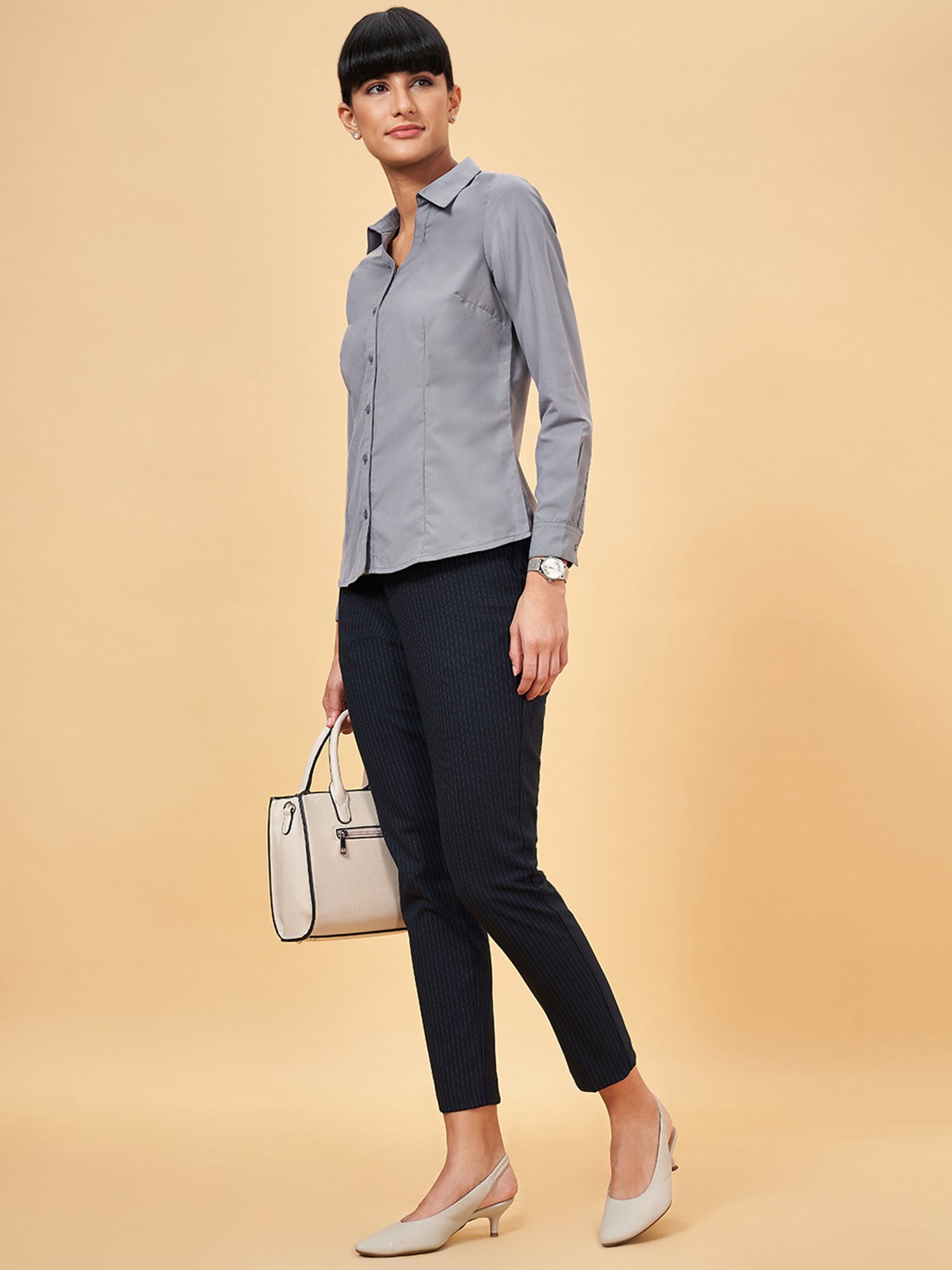 Annabelle by Pantaloons Black Striped Formal Trousers