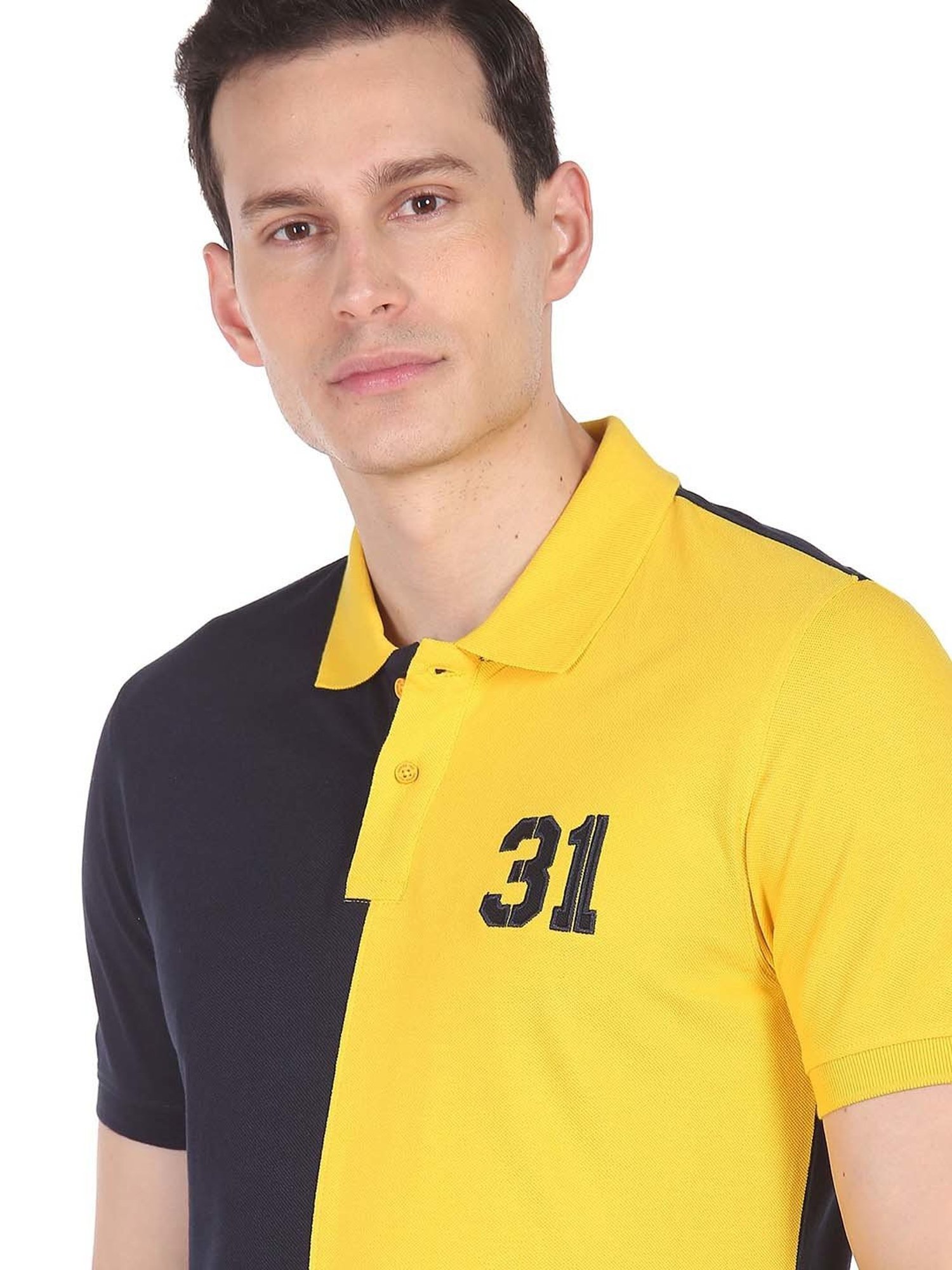 AD by Arvind Navy & Yellow Polo T-Shirt