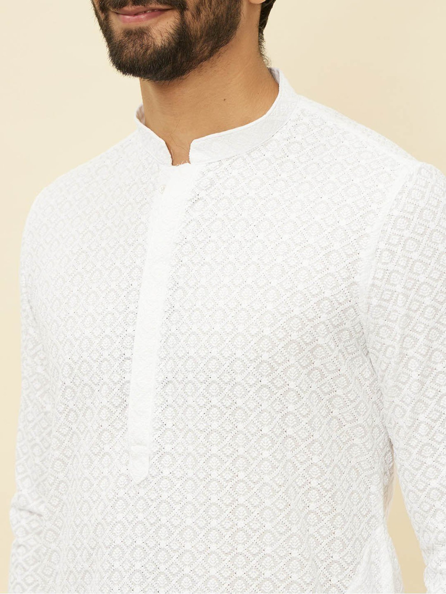 Manyavar White Regular Fit Embroidered Kurta Bottom Set