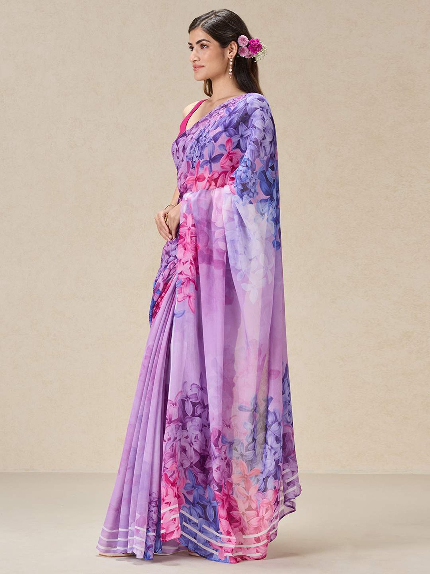 navyasa by liva Purple Printed Saree With Unstitched Blouse