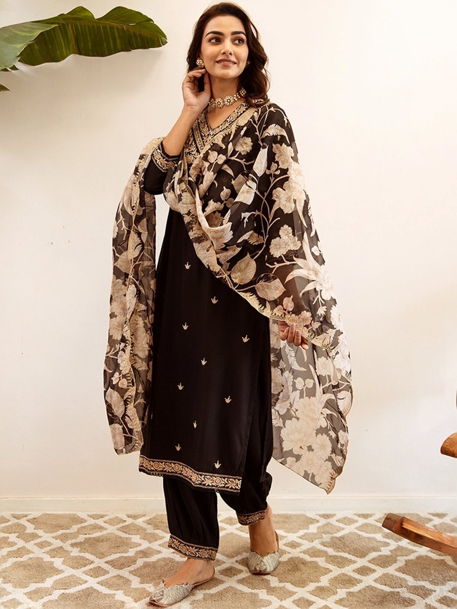 Indo Era Black Embroidered Kurta Salwar Set With Dupatta