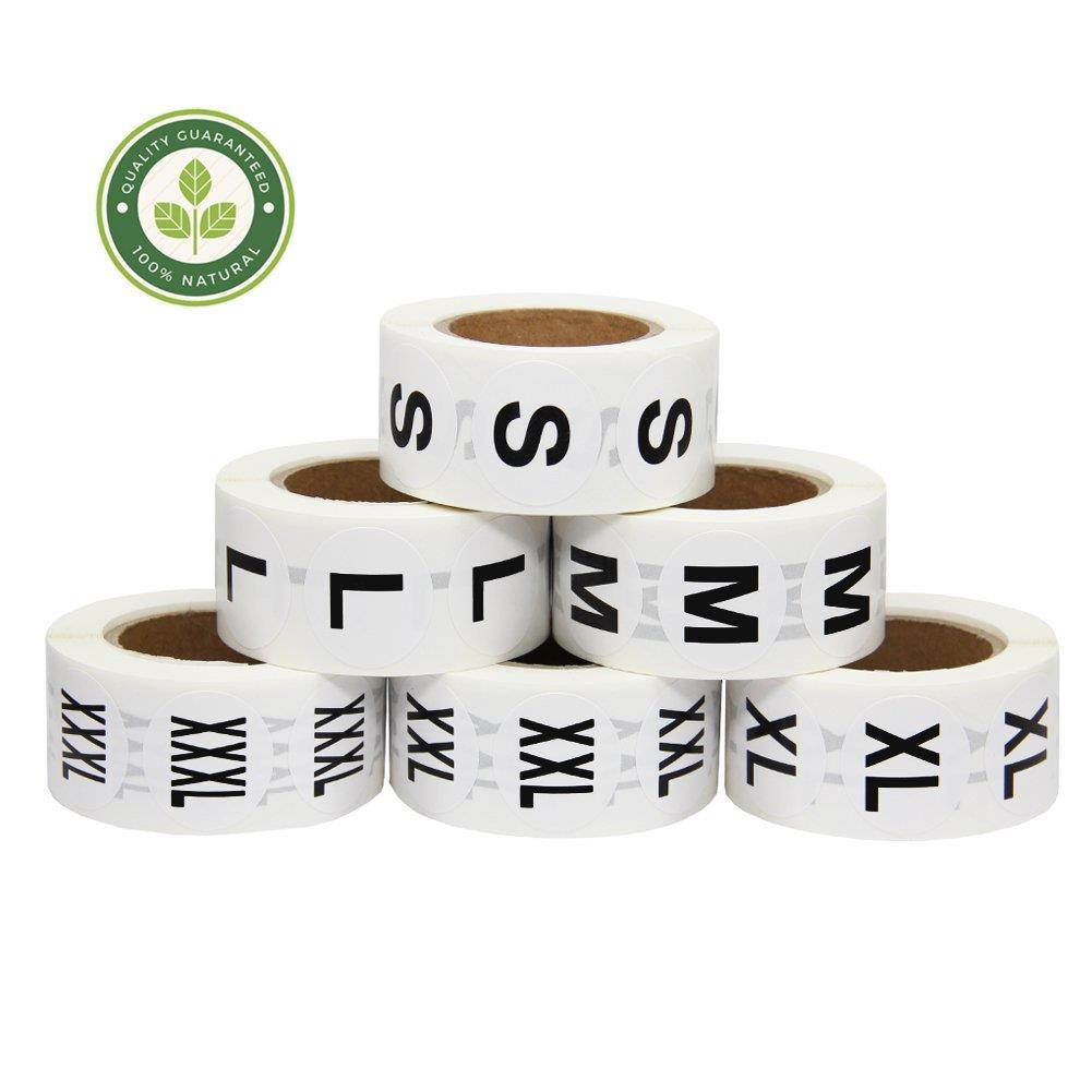 Hcode 1 Inch White Round Retail Clothing Size Label Adhesive Apparel Size Stickers A Set of 6 Rolls S M L XL XXL XXXL Total 3000 Pieces
