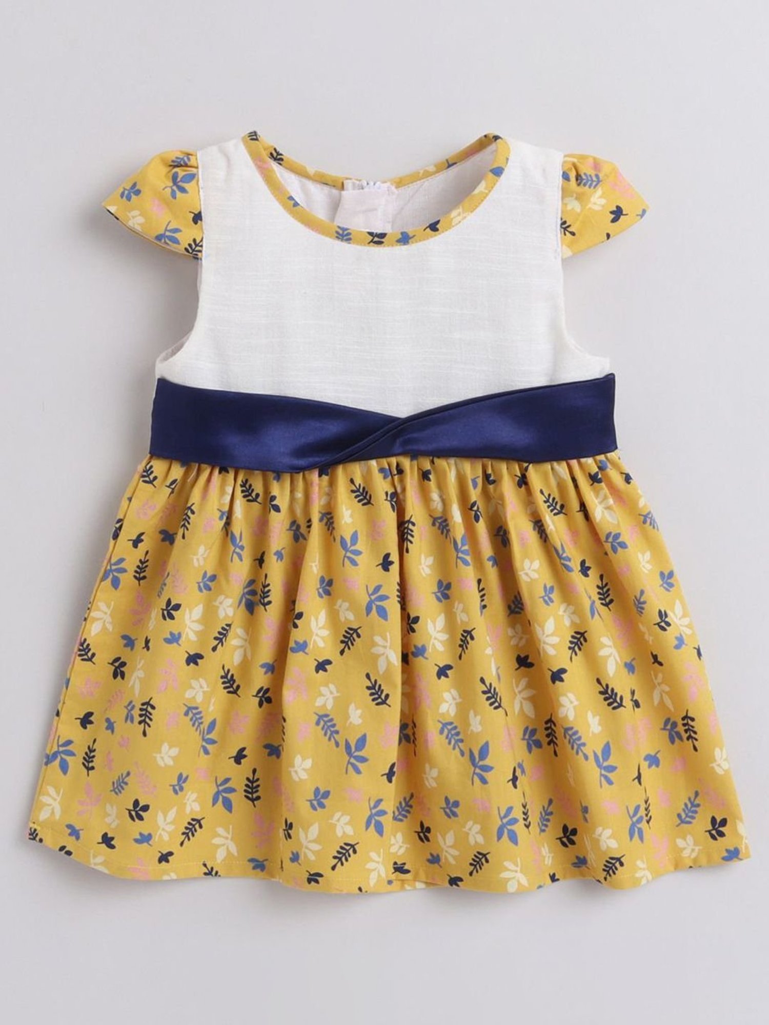 Many Frocks Kids White & Yellow Cotton Printed Dress