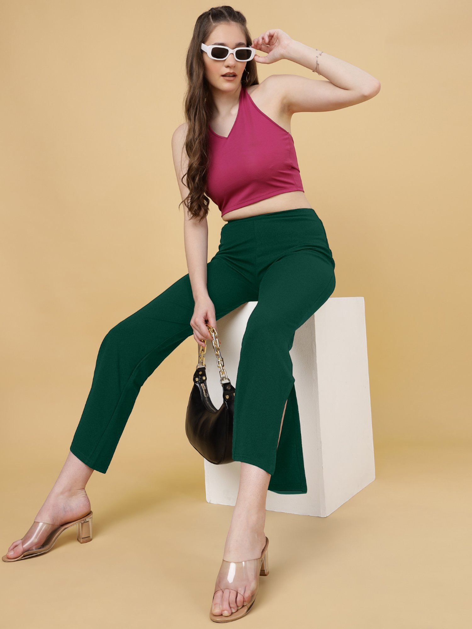 FITHUB Green Regular Fit High Rise Trousers