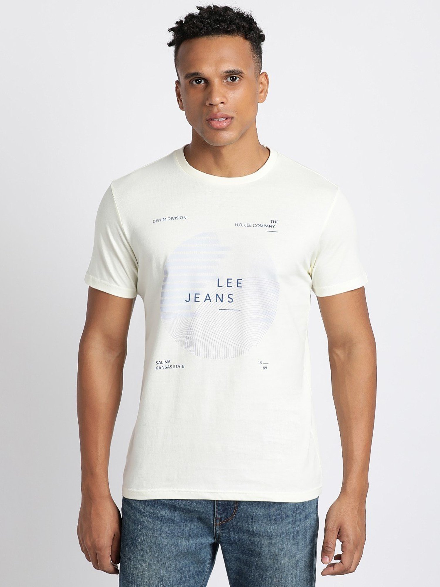 Lee White Cotton Slim Fit Printed T-Shirt