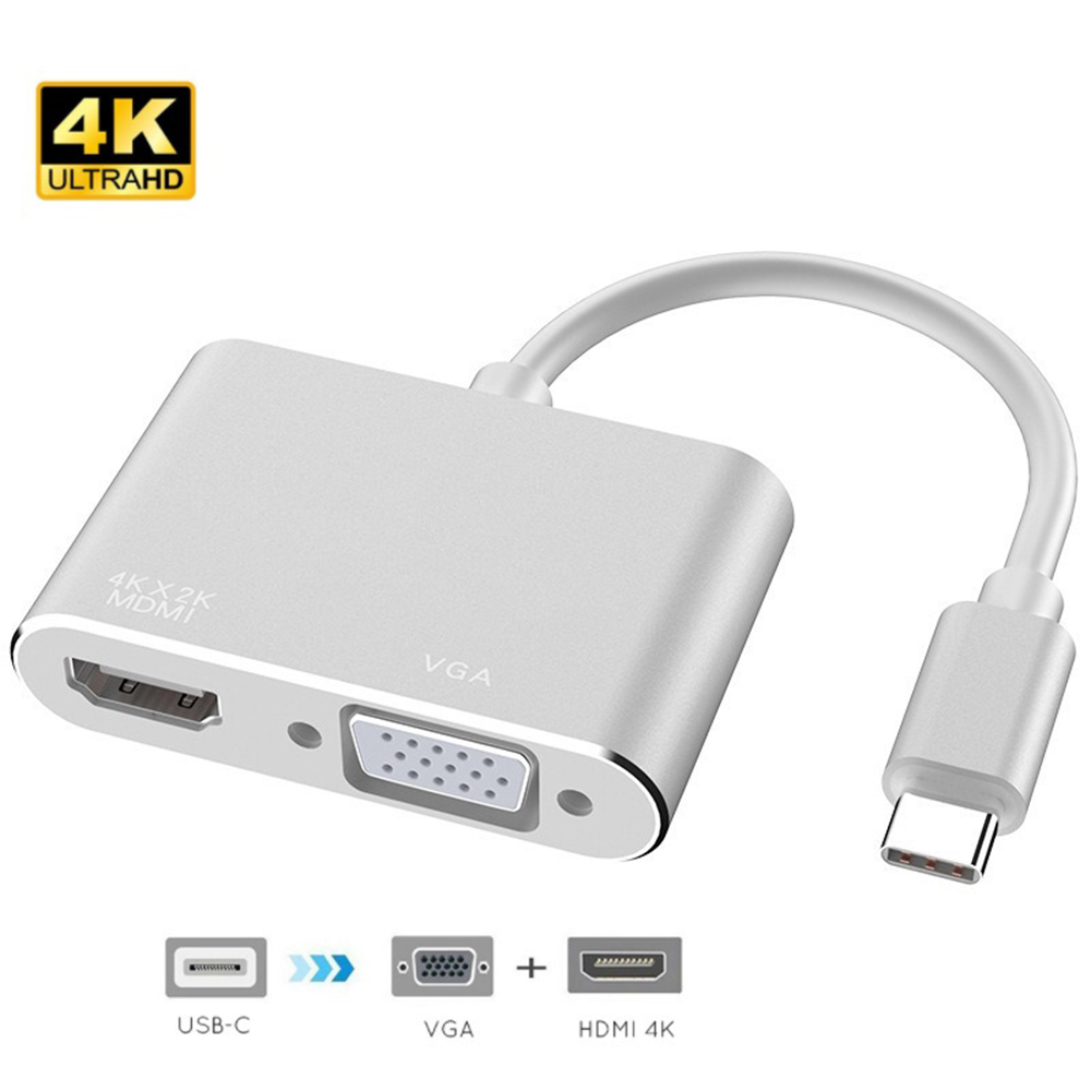 USB C to HDMI VGA Adapter, 2 in 1 Type C to VGA HDMI Converter Adaptor with 4K UHD, 1080P VGA, Dual Screen Display Converter Compatible with Mac Book, Chromebook, HUAWEI, 2019 iPad Pro and more