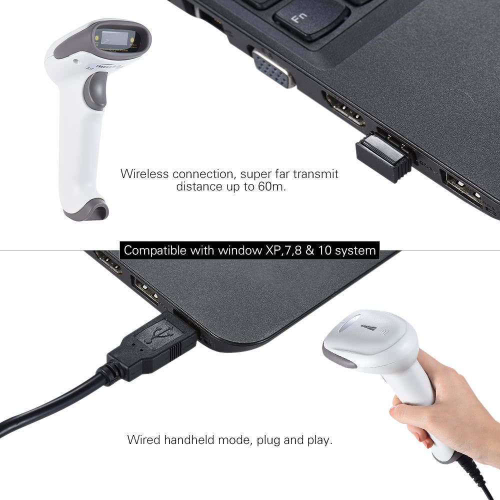 2.4G Wireless Handheld Barcode Bar Code Scanner Reader with Receiver USB2.0 Cable for Supermarket Library Express Company Retail Store Warehouse