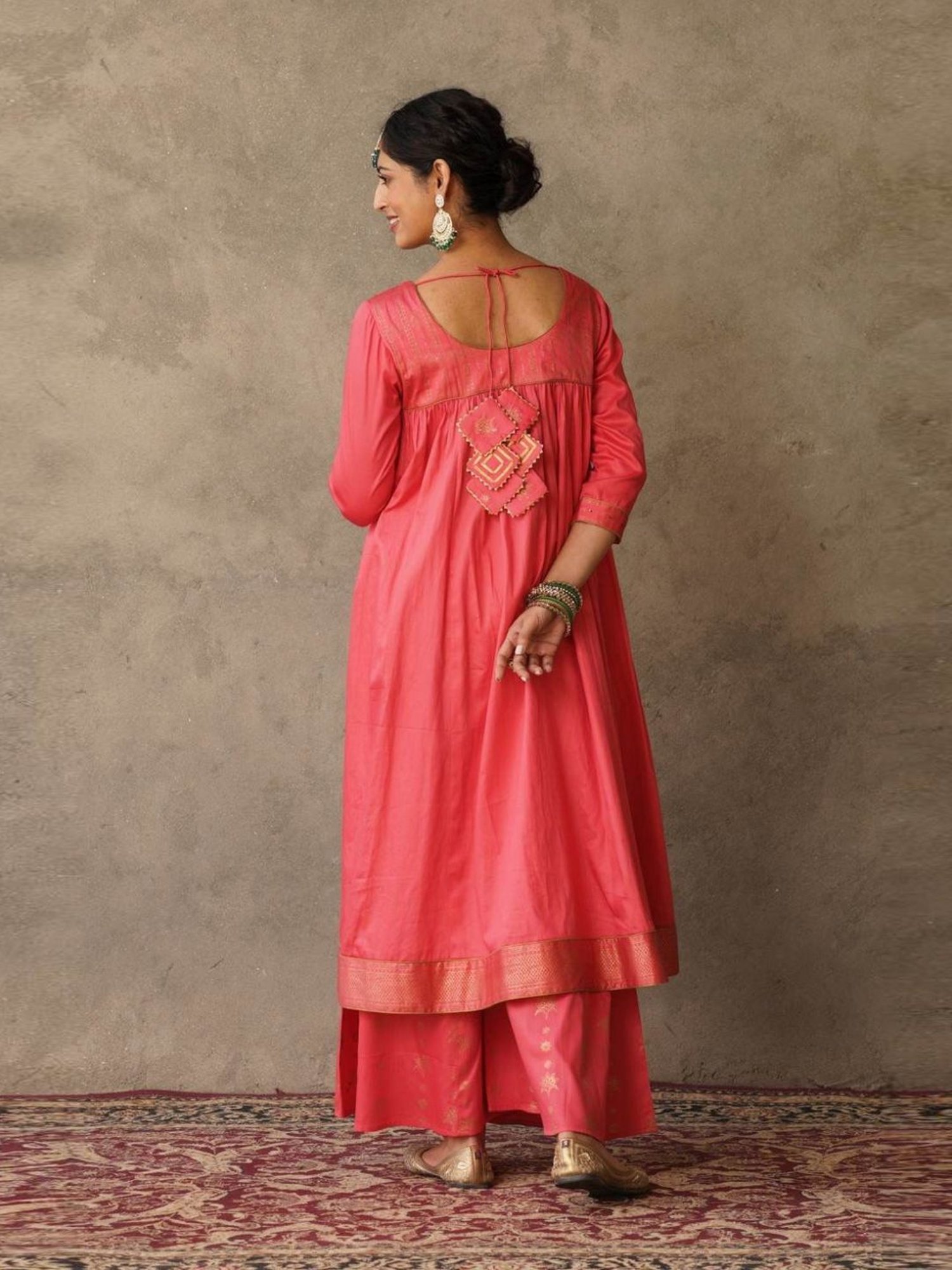 Akiso Coral Parv Block Printed Anarkali Kurta with Hand Embroidery Details On Yoke