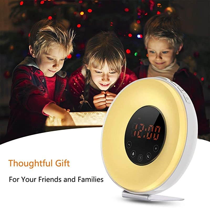 Alarm Clock Wake 6 Nature Sounds FM Radio Color Light Bedside Sunrise SimulatorTouch Control for Heavy SleepersWhite