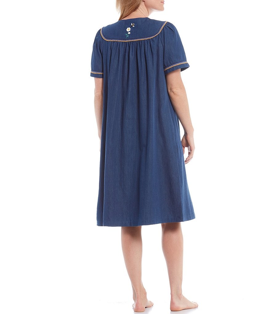 Go Softly Daisy & Bees Embroidery Denim Zip-Front Patio Dress