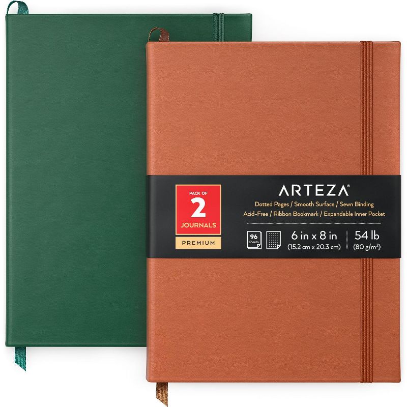 Arteza Hardcover Premium Edit Dotted Paper Note Journals, 96 Sheets, Hunter Green & Saddle - 2 Pack (ARTZ-4268)