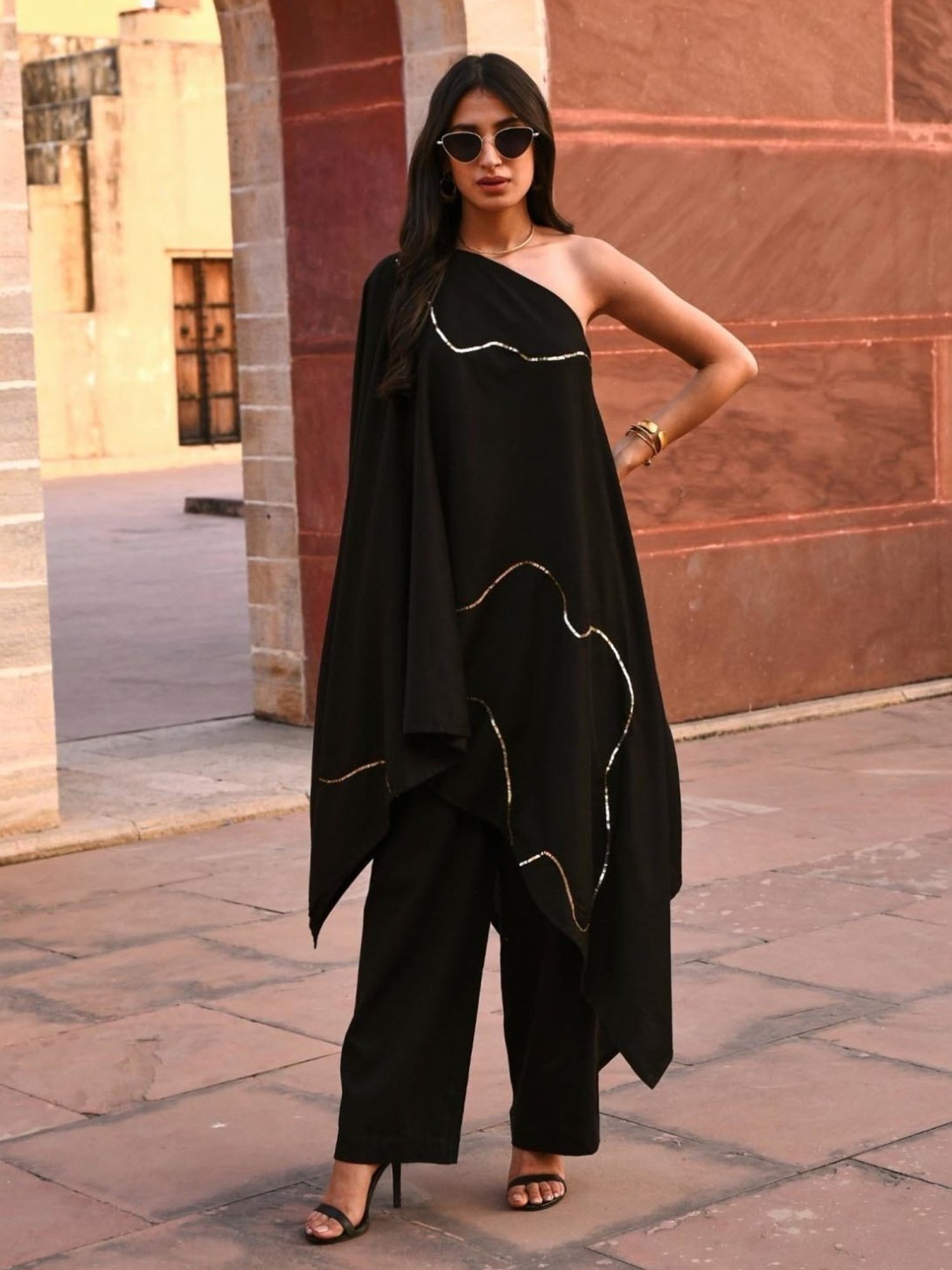 Gulaal Black Tiana Off Shoulder Kaftaan With Pant