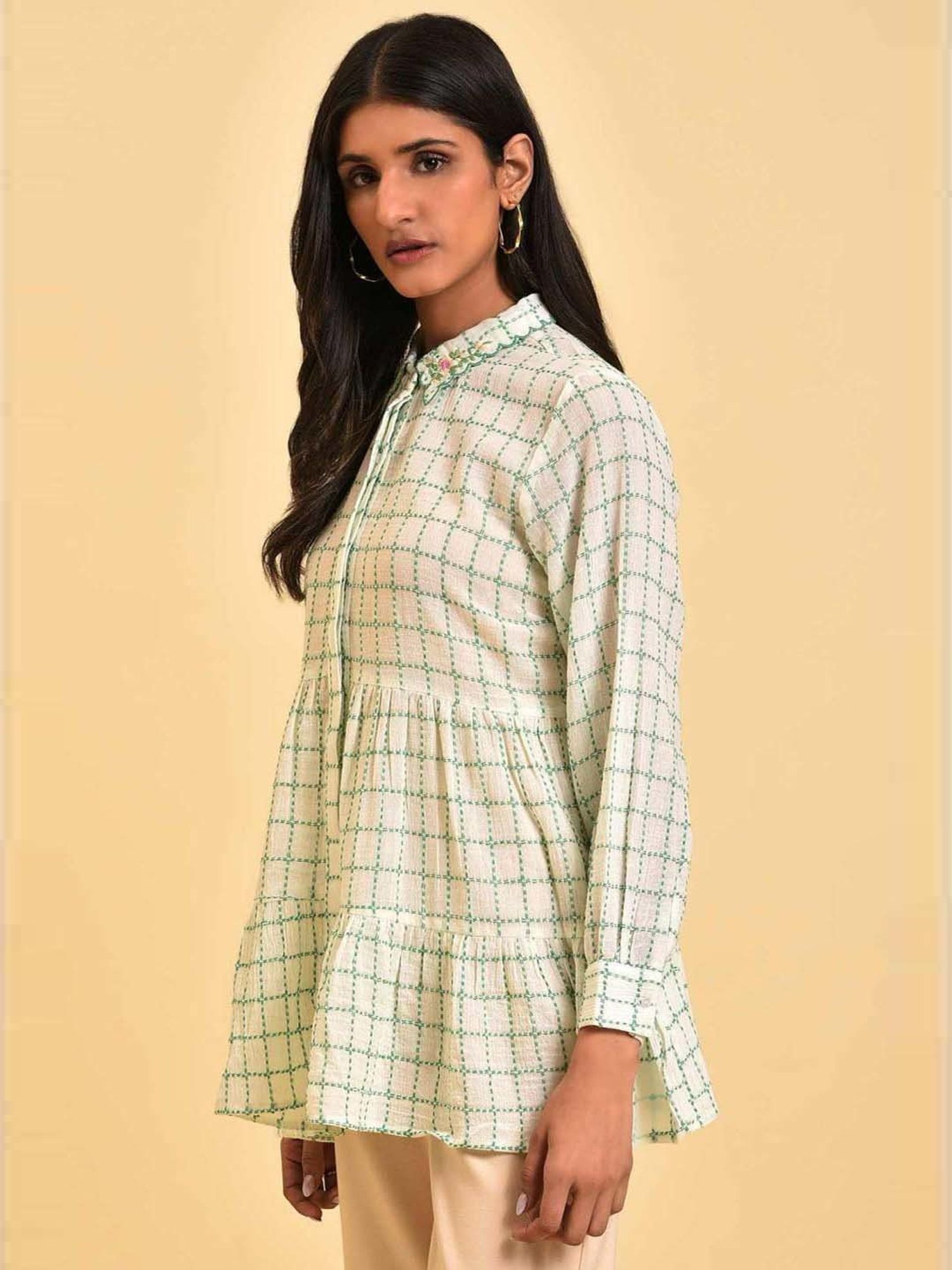 W Green Cotton Chequered Top