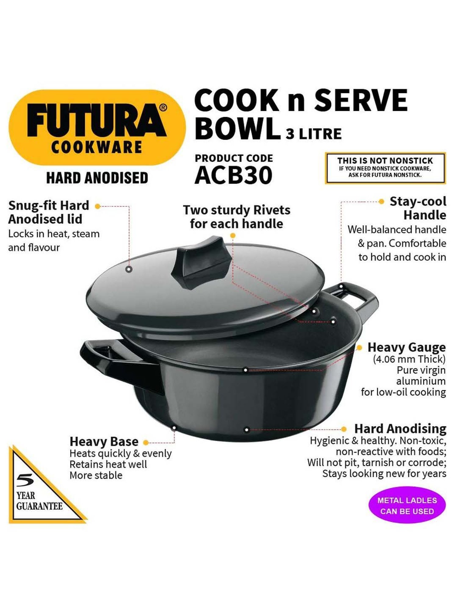 Hawkins Futura Hard Anodised Cook-n-Serve Bowl with Hard Anodised Lid (3 L, 23 cm)