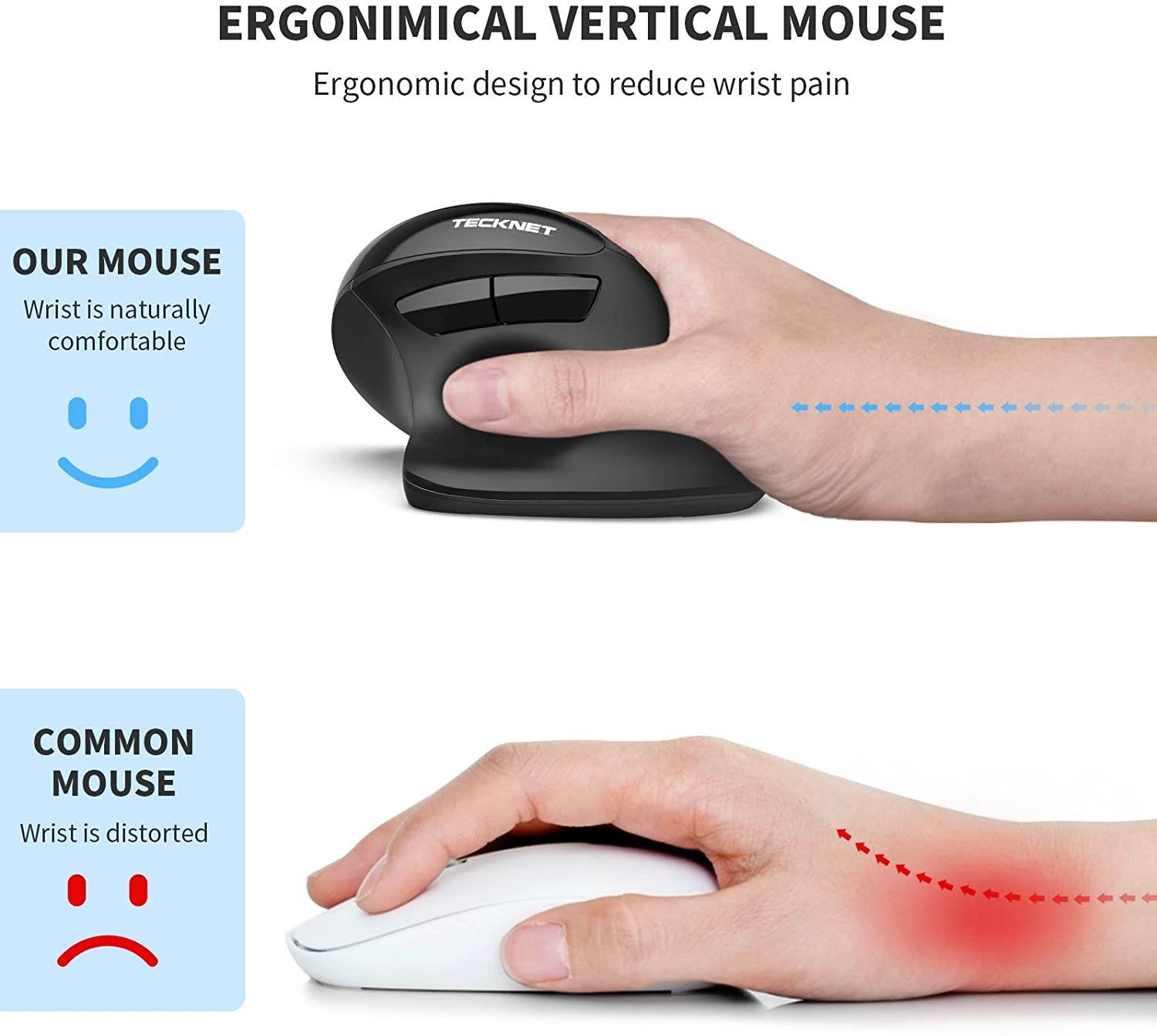TeckNet 2.4G Rechargeable Wireless Vertical Ergonomic Optical Mouse with USB Nano Receiver, 800 / 1200 /1600 /2000 /2400DPI, 5 Buttons for Laptop, MacBook, PC, Windows, Android, OS System (Black)