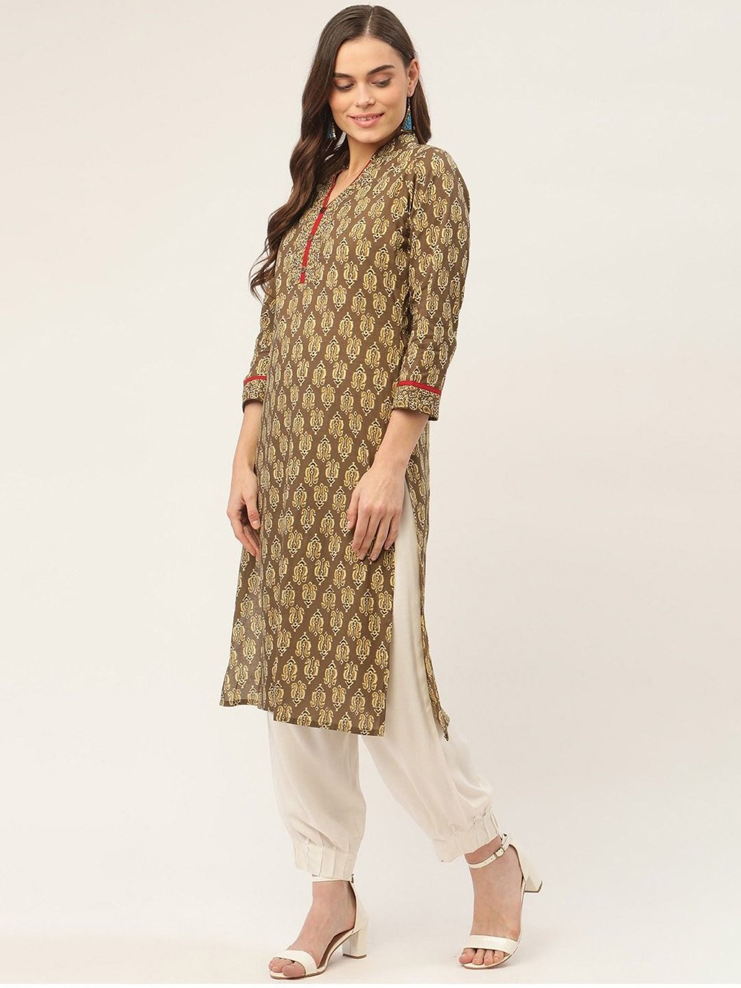 Jompers Brown & Green Pure Cotton Printed Straight Kurta