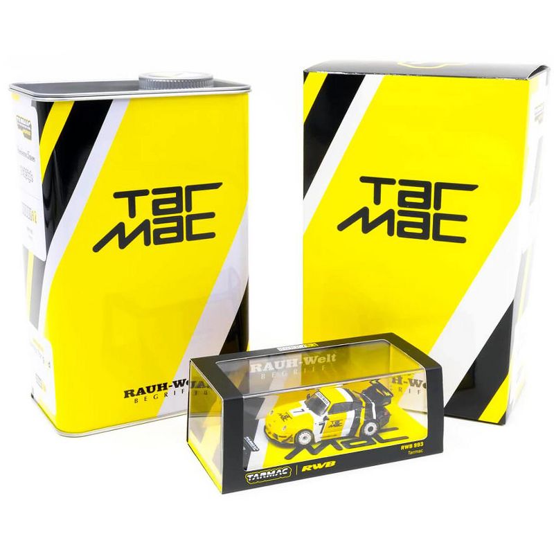 Porsche RWB 993 #7 "Tarmac" Yellow and Black with METAL OIL CAN "RAUH-Welt BEGRIFF" 1/64 Diecast Model Car by Tarmac Works