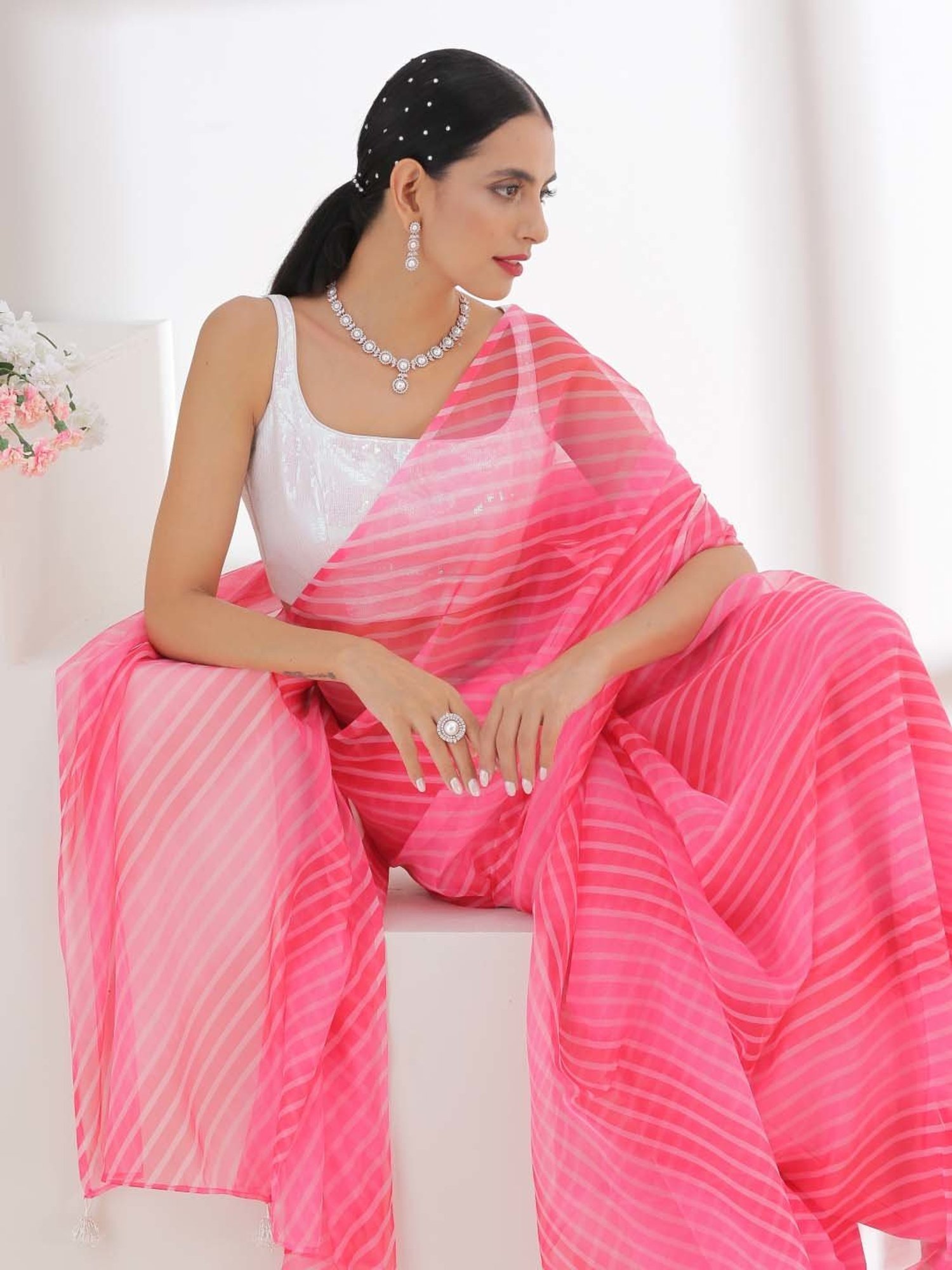 Swtantra Pink Organza Striped Saree