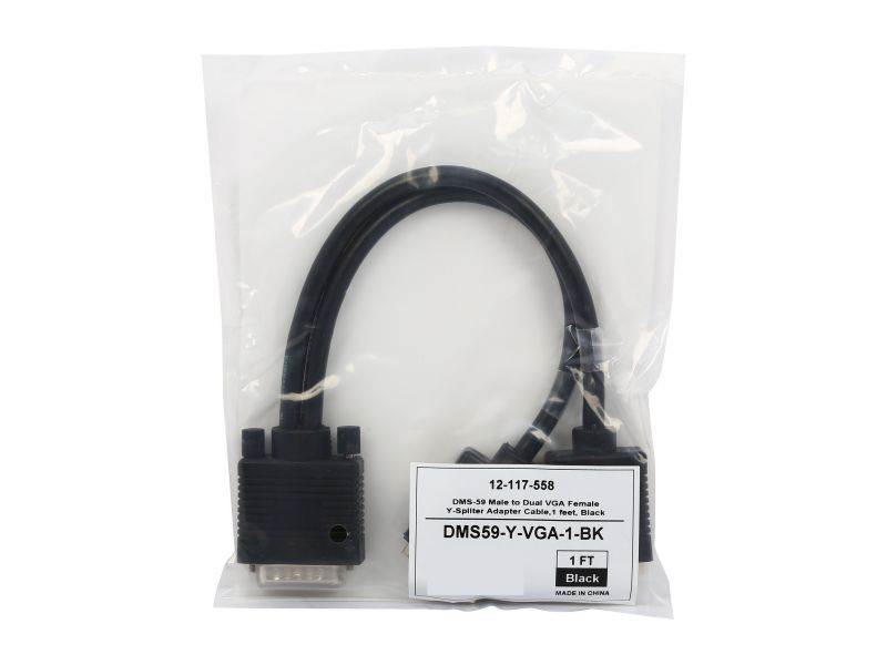 Coboc DMS59-Y-VGA-1-BK 1ft Black Color LFH/DMS-59 Male to Dual VGA(HD15) Female Splitter Y Cable