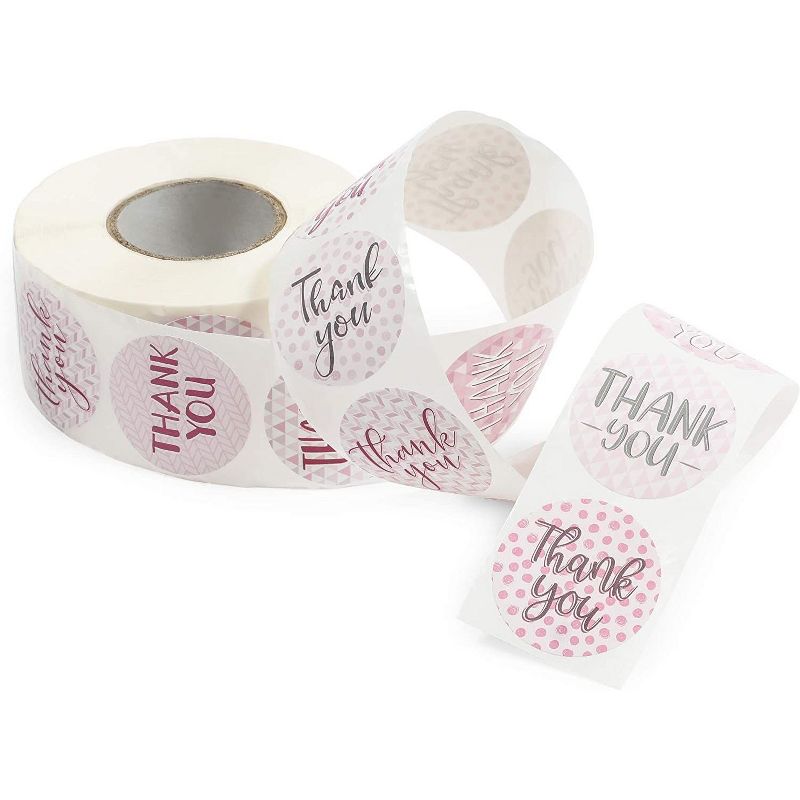 Pipilo Press 1000-Pack Pink Thank You Stickers Roll, Assorted Geometric Designs (1.5 Inches)