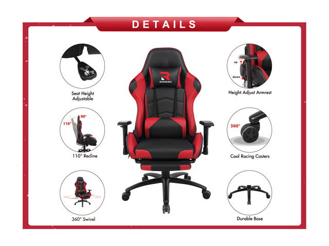 RIMIKINGMassage Gaming Chair with Retractable Footrest-Adjustable Lumbar Cushion Computer Office Racing Chair Headrest Swivel Rocking Desk Chair Ergonomic