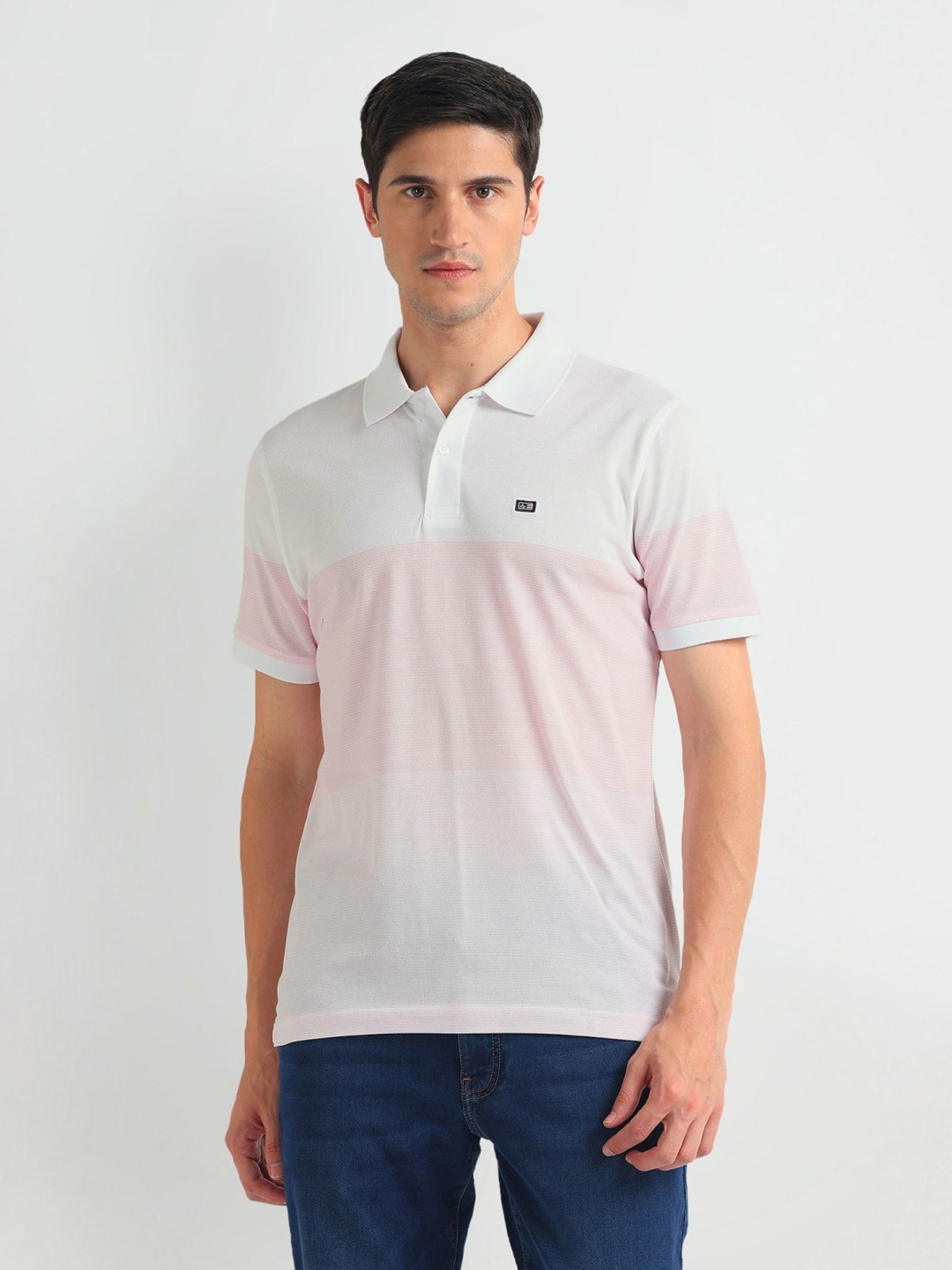 Arrow Sports Pink Cotton Regular Fit Colour Block Polo T-Shirt