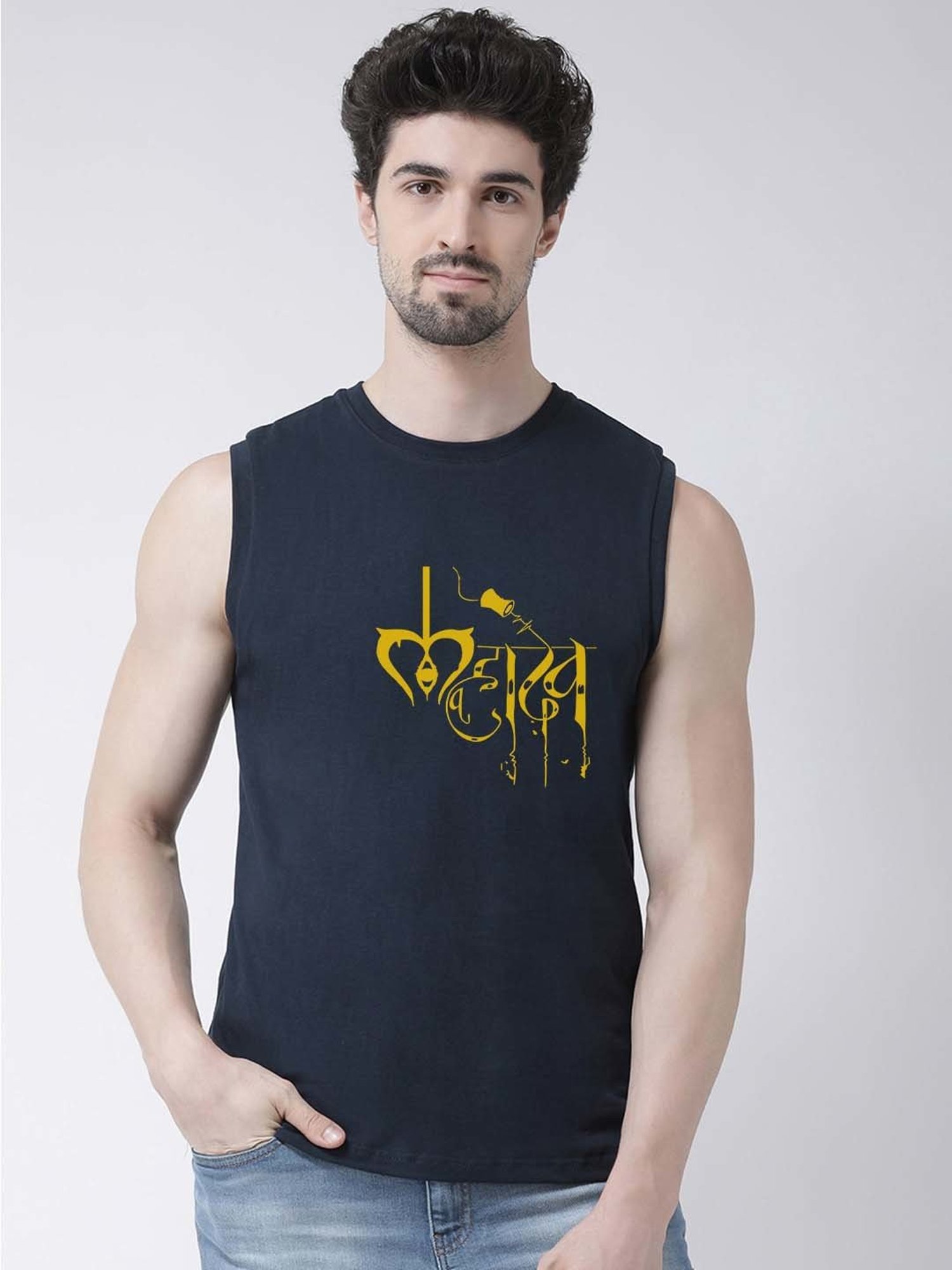 Friskers Navy Slim Fit Sleeveless T-Shirt