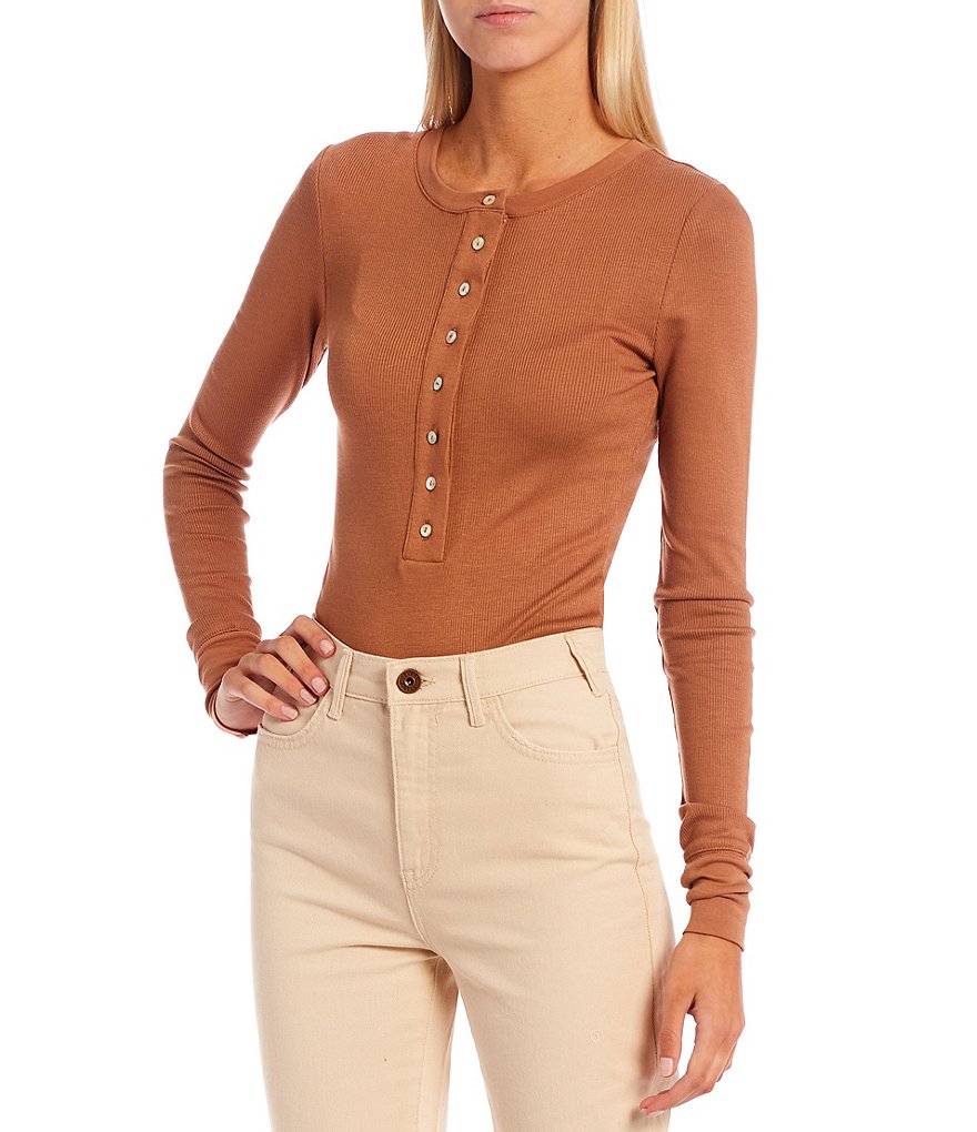 Every Button Front Snap Long Sleeve Henley Neck Bodysuit