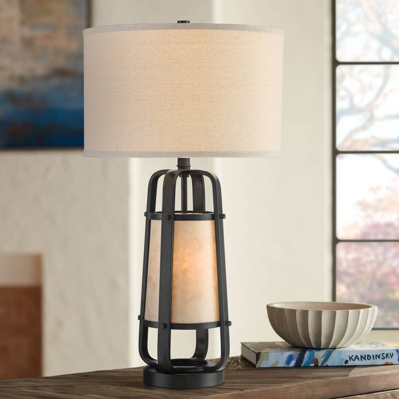 Franklin Iron Works Farmhouse Industrial Table Lamp with Night Light Bronze Metal Natural Mica Linen Drum for Living Room Bedroom