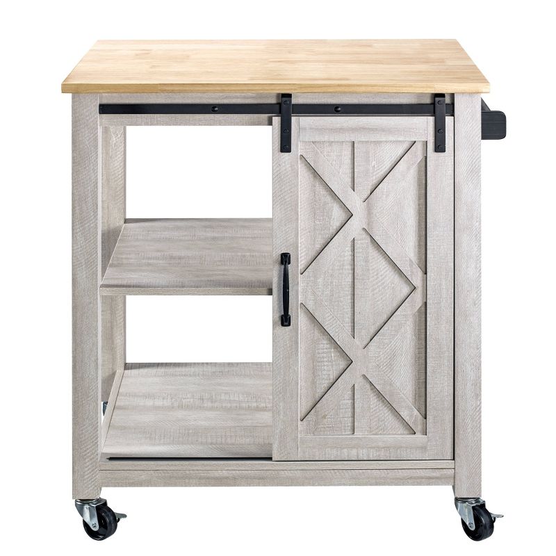 33" Sliding Door Kitchen Cart with Wood Top Saw Cut White - Home Essentials