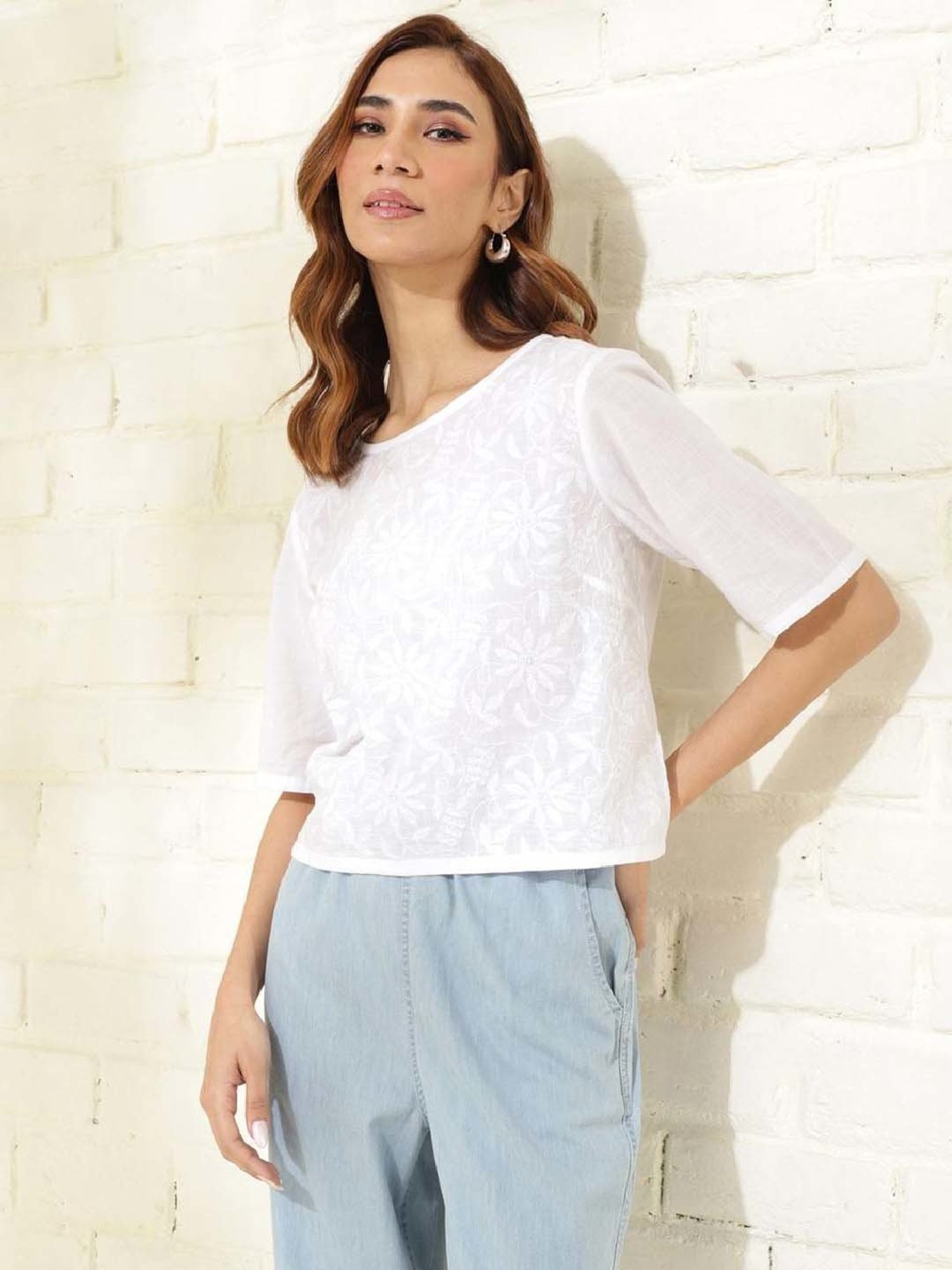 Fabindia White Cotton Embroidered Top