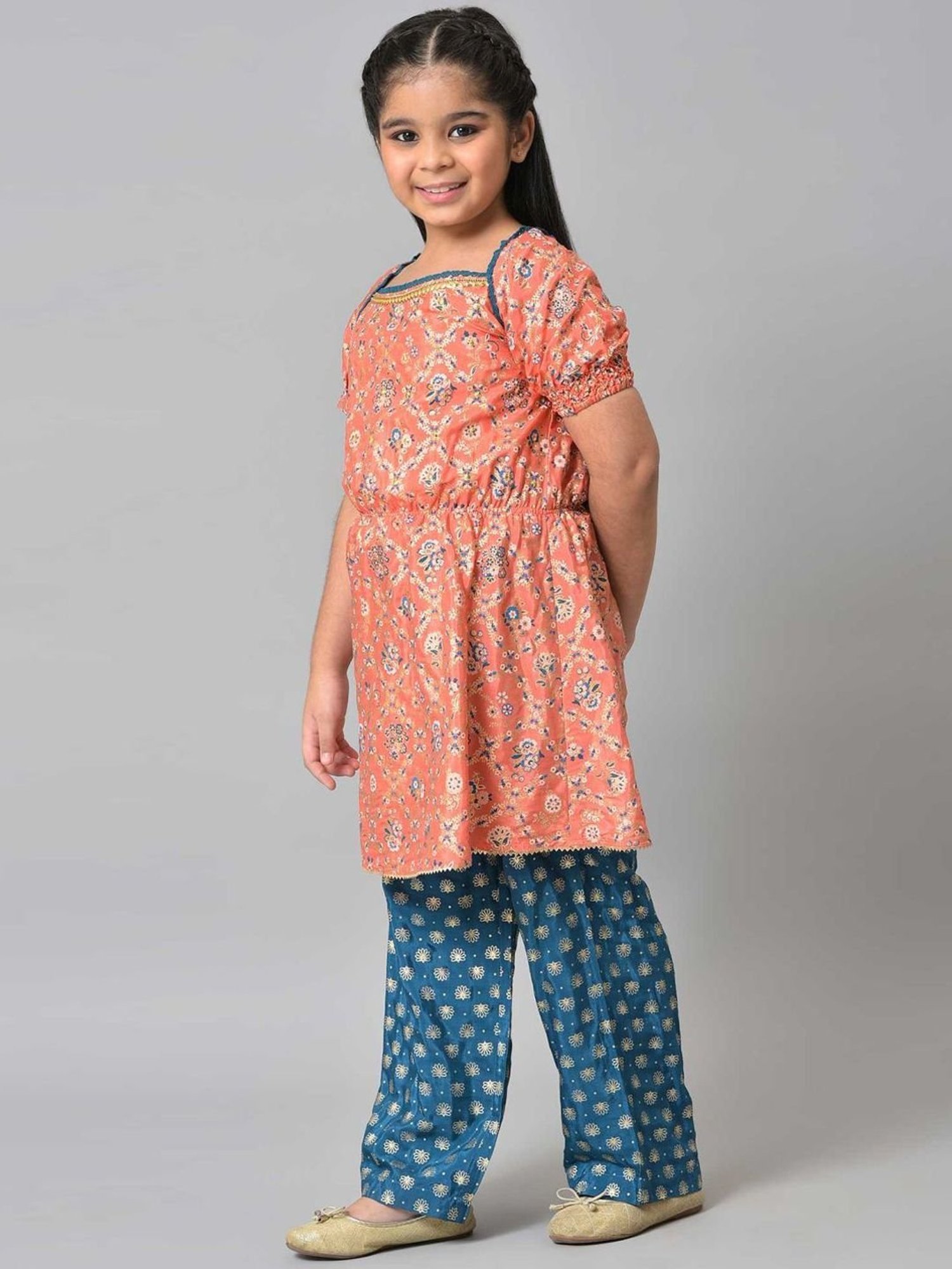 Aurelia Kids Peach & Blue Floral Print Kurta Set