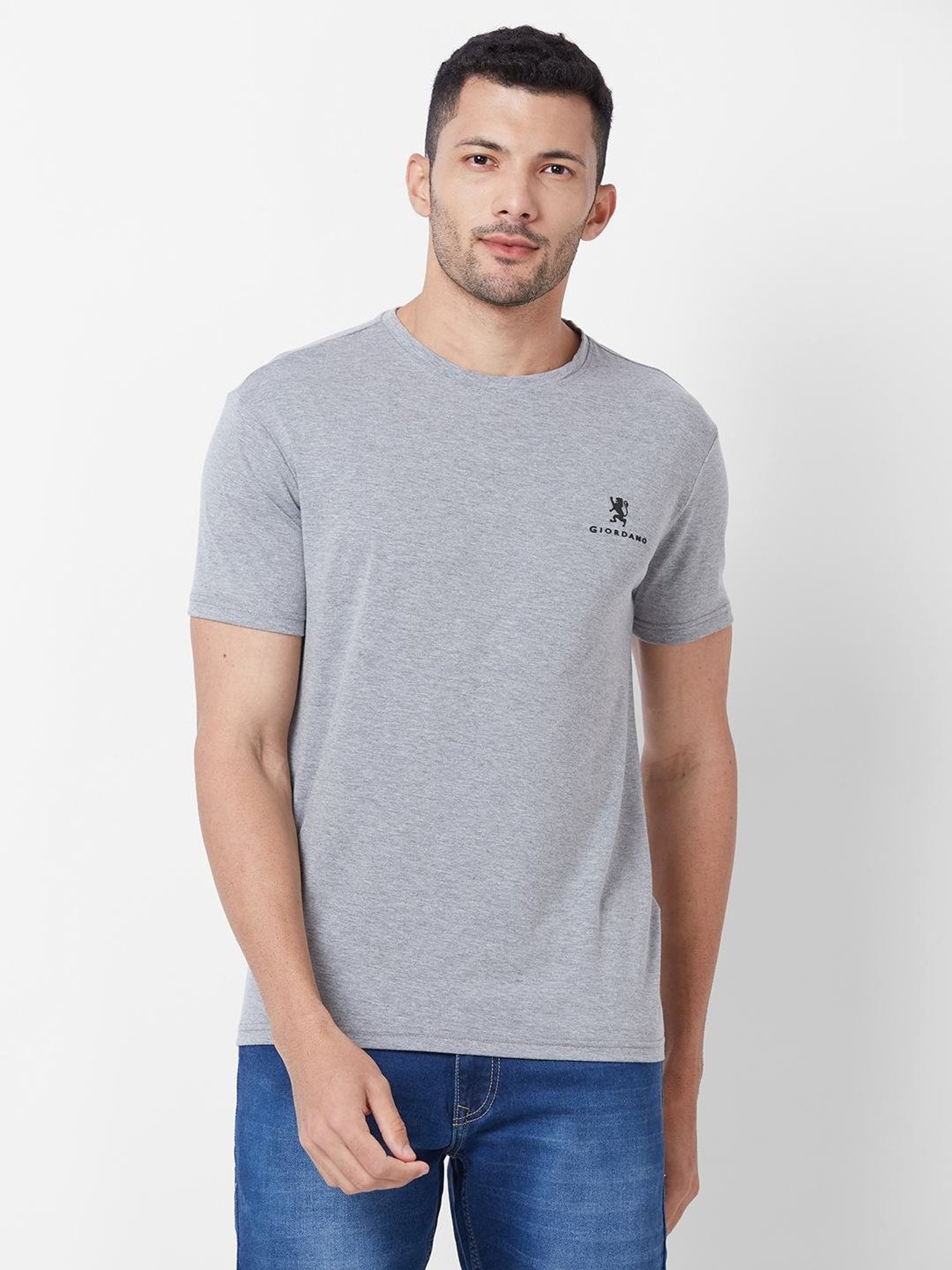 Giordano Grey Melange Cotton Slim Fit T-Shirt