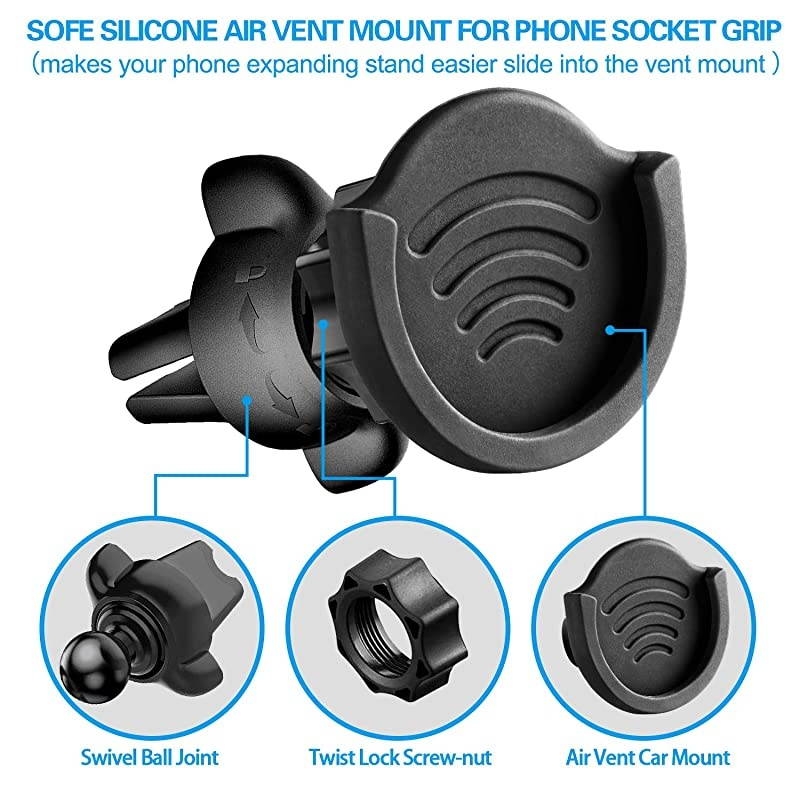 Air Vent Phone Holder for Socket Mount,  360&deg; Rotation Vent Clip Car Mount Silicone with Adjustable Switch Lock for Collapsible Grip / GPS Navigation & 3M Sticky Adhesive for Expanding Stand