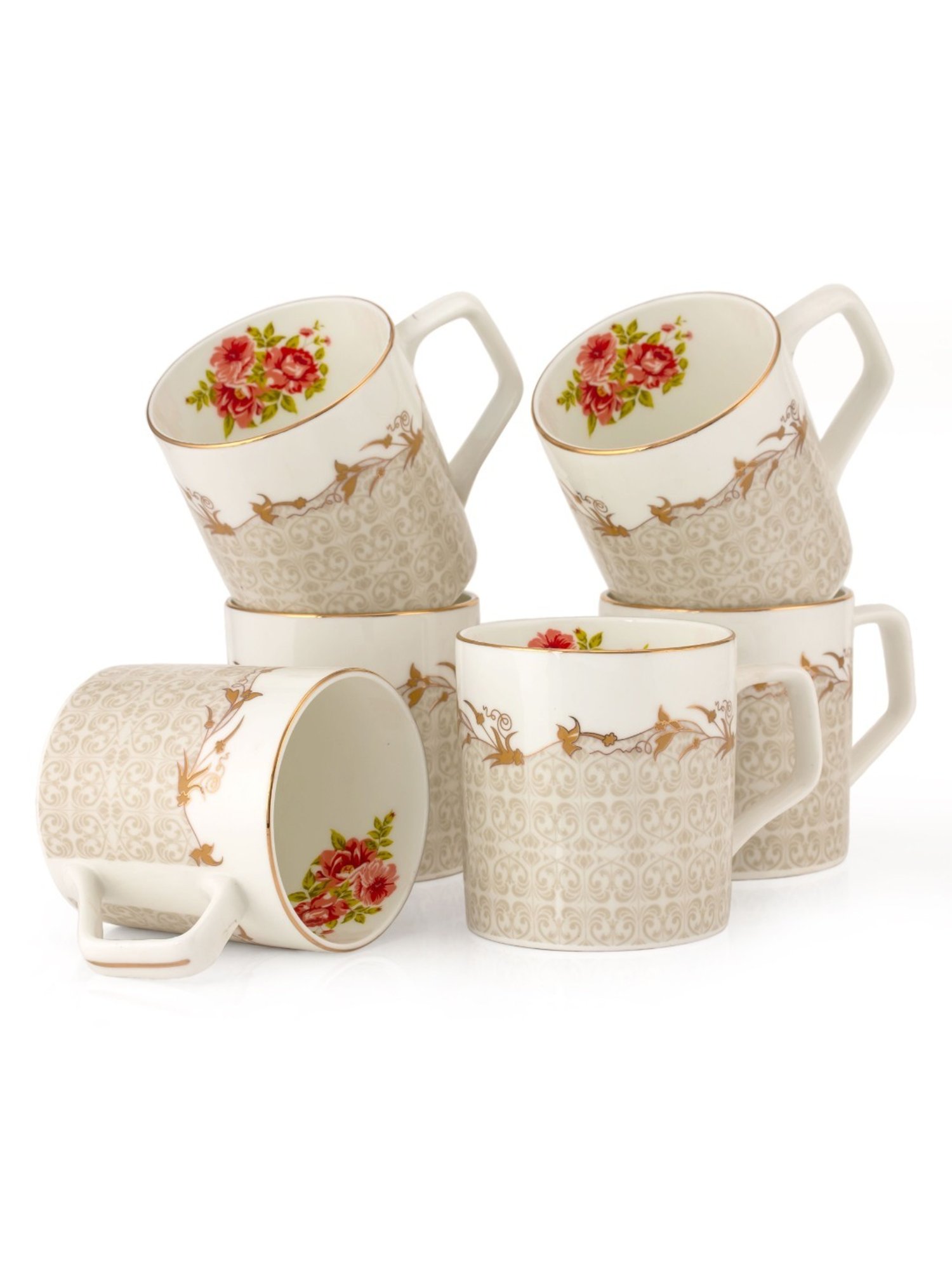 JCPL Printed Beige Ceramic Tea Cups- Set of 6 (200 ml each)
