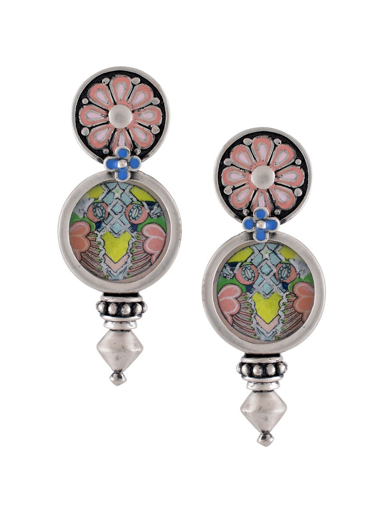 Tribe Amrapali Pink Hand-Painted Chandrika Coin Drop Earrings