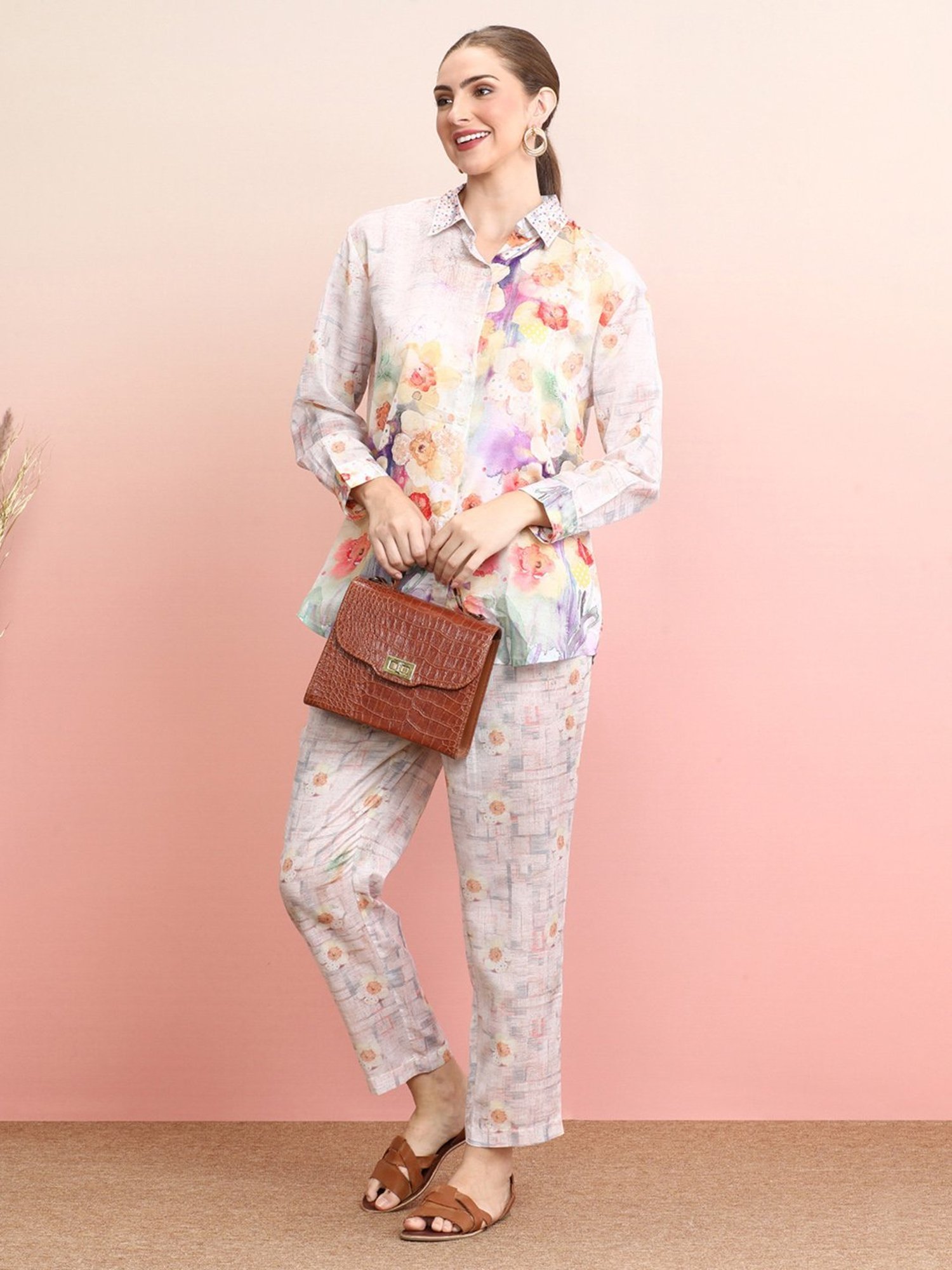 Indo Era White Floral Print Shirt Pant Set