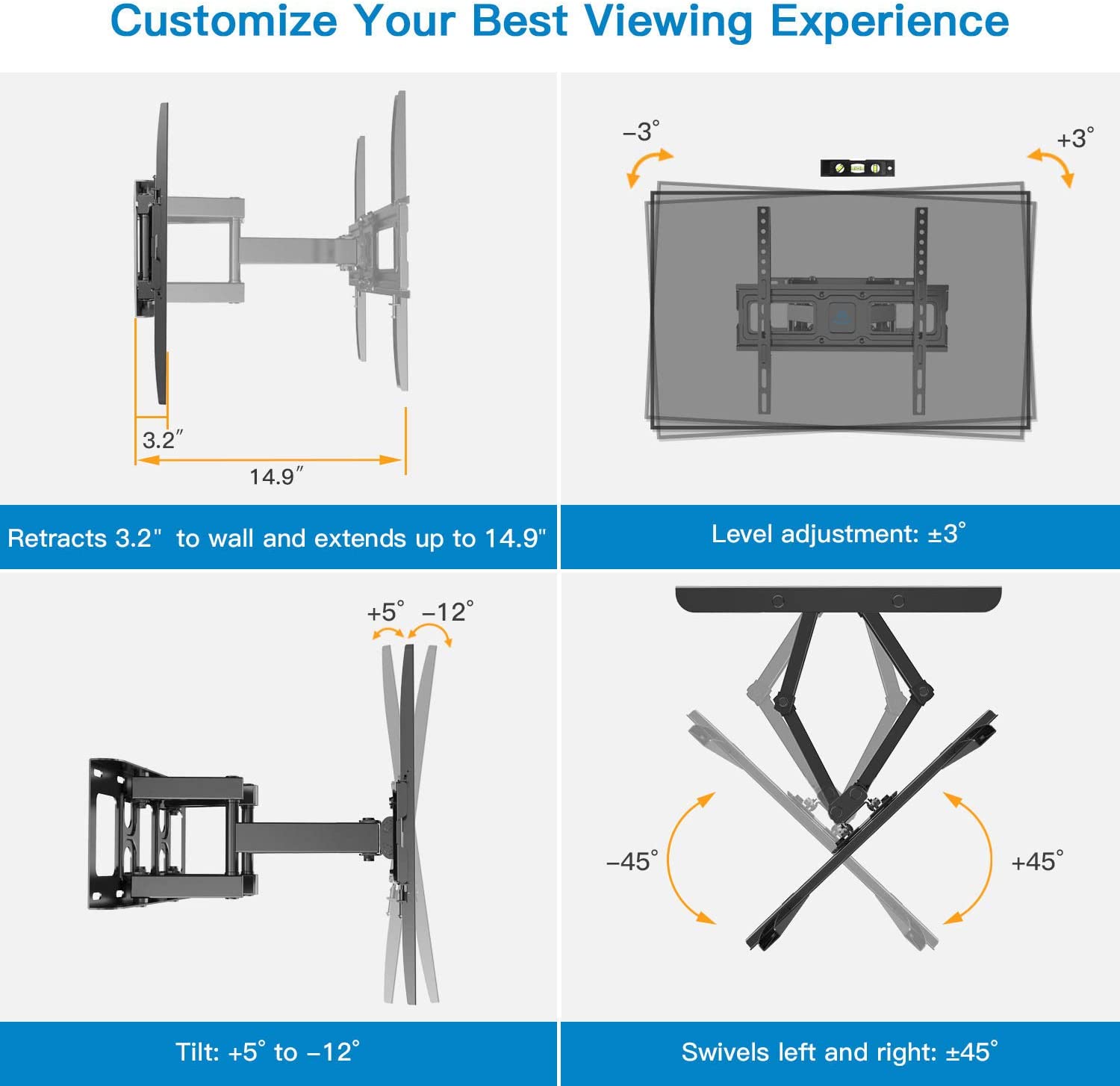 TV Wall Mount Bracket Full Motion Dual Swivel Articulating Arms Extension Tilt Rotation, Fits Most 26-55 Inch LED, LCD, OLED Flat&Curved TVs, Max VESA 400x400mm and Holds up to 99lbs