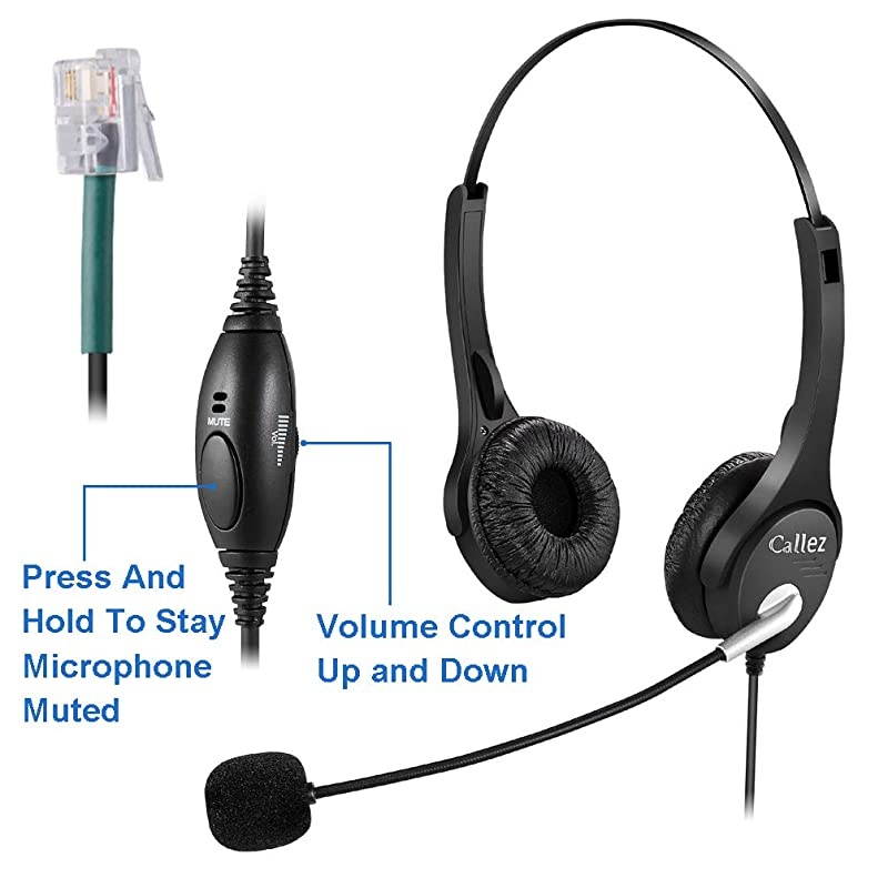 C402A2 Corded Telephone Headsets Binaural Call Center RJ11 with Noise Canceling Mic Compatible with ShoreTel 480 Plantronics T10 Polycom Zultys Toshiba NEC DT300 Siemens Landline Deskphones