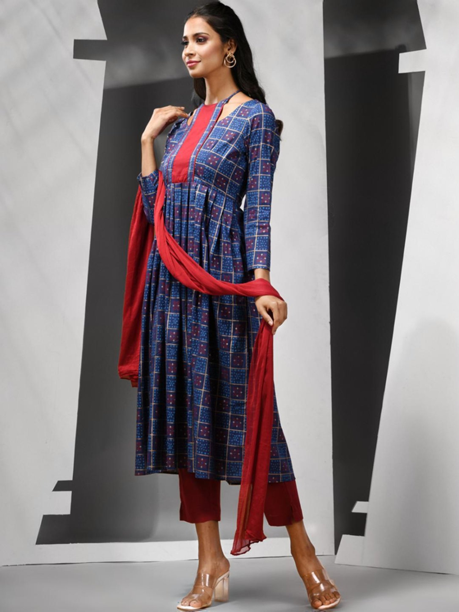 Charukriti Blue & Red Cotton Printed Kurta Pant Set With Dupatta