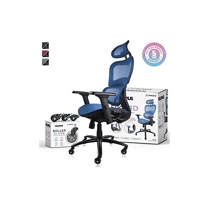 Ergo3D Ergonomic Office Chair - Rolling Desk Chair with 4D Adjustable Armrest, 3D Lumbar Support and Blade Wheels - Mesh Computer Chair, Gaming Chairs, Executive Swivel Chair (Blue)