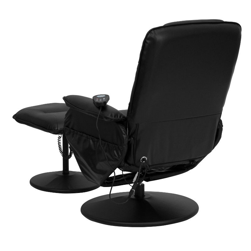 Flash Furniture Massaging Adjustable Recliner with Deep Side Pockets and Ottoman with Wrapped Base in Black LeatherSoft